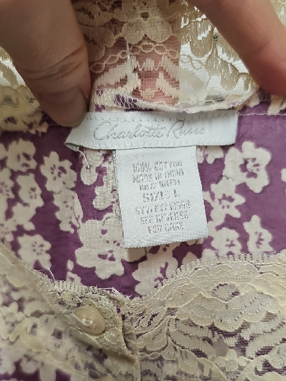 EUC Vintage Charlotte Russe Purple Floral Lace-Trim Button Front 100% Cotton - Picture 3 of 13